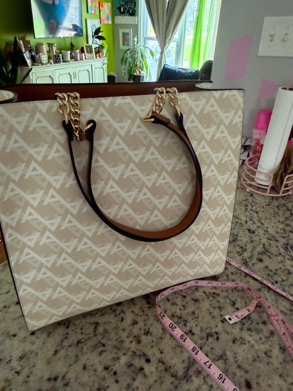ALDO Beige & Brown Monogram Tote with Gold Chain Handles never worn - Picture 11 of 14